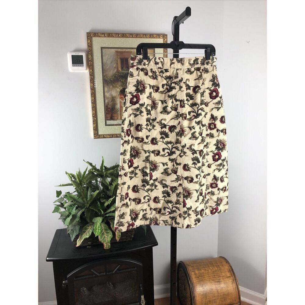 Eddie Bauer Skirt Size 10 Tall Beige Green Corduroy Floral Pencil Pockets Zipper